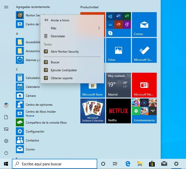 Desinstalar antivirus Norton desde menú inicio