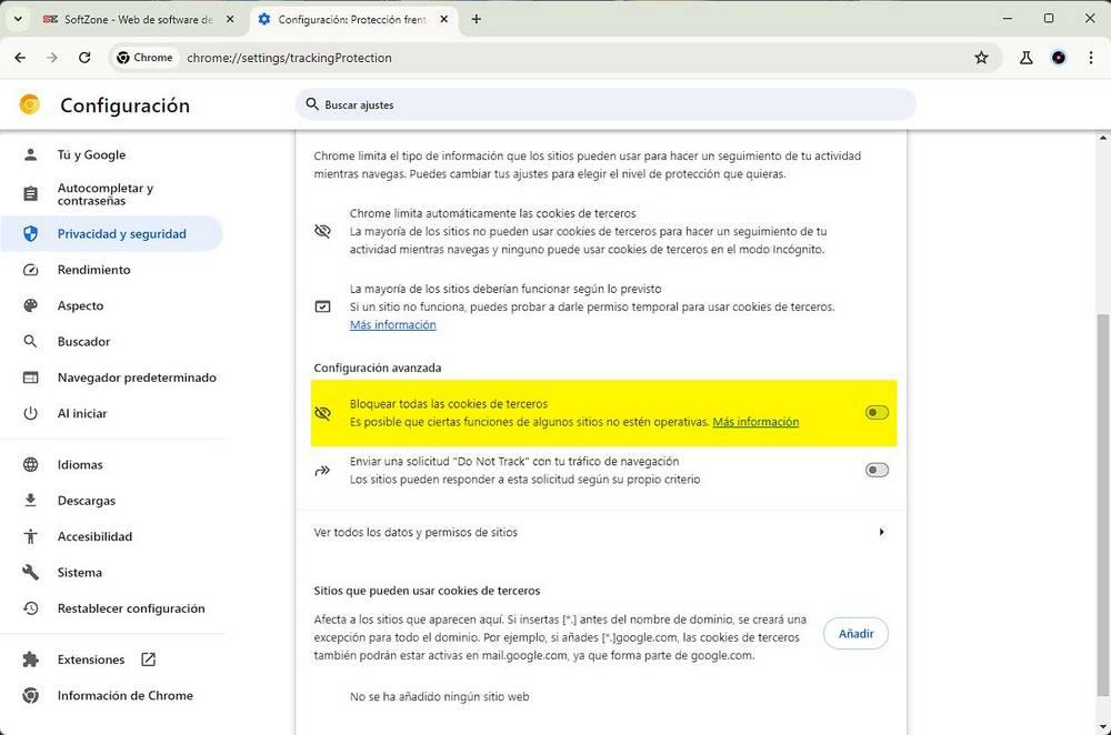 Google Chrome - desactivar cookies terceros 2
